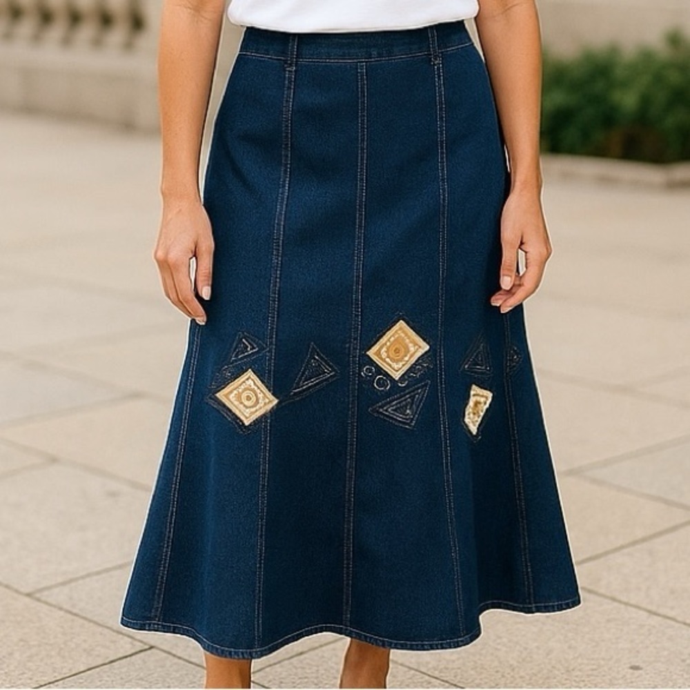 Flowing Denim Midi  Skirt Embroidered